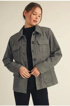 Classic Herringbone Utility Jacket – Charcoal